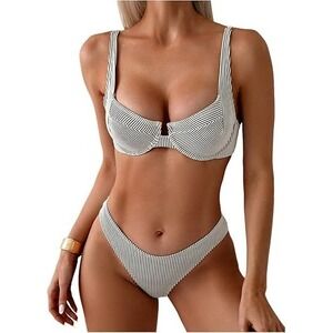 MSRP $39 SweatyRocks Women's L Black/White Two Piece Bikini Set Striped Print